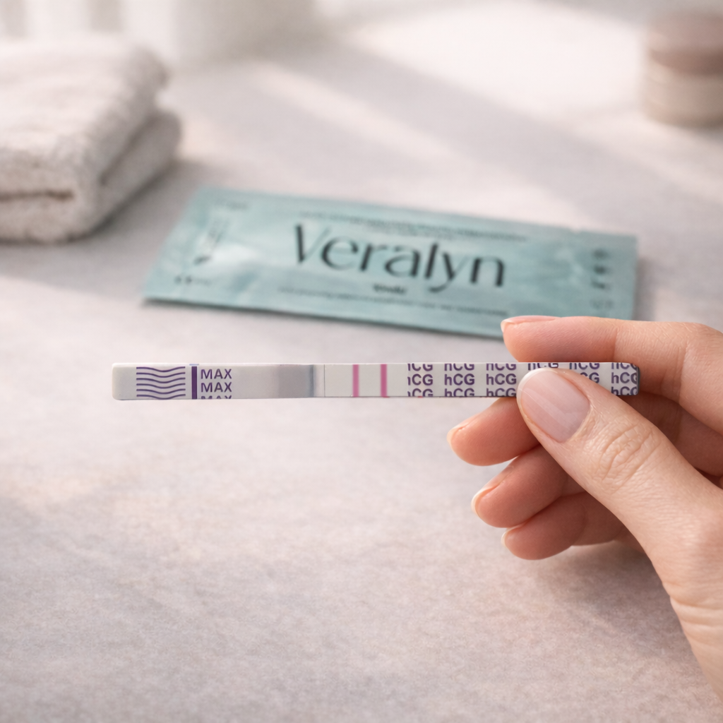 Veralyn Schwangerschaftstest auf hellem, minimalistischem Untergrund